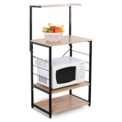 WOLTU 4-Tiers Shelf Kitchen Storage Display Rack Wooden Metal Standing Shelving Unit Home Bathroom Use 4 Hooks