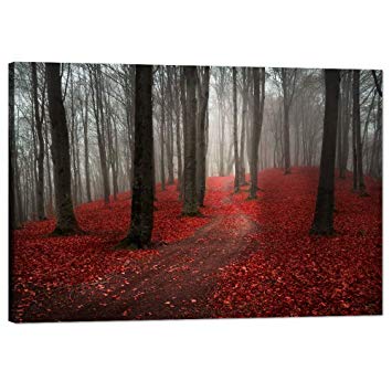 Yatsen Bridge Modern Large Tree Painting Black White Red Forest Landscape Canvas Wall Art Posters Prints Pictures Stretched Ready to Hang for Living Room Decoration(36''W x 24''H)