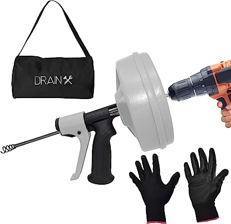 DrainX SPINFEED 50 Foot Drum Auger | Use Manually or Drill Powered - Auto Extend and Retract Plumbing Snake | Work Gloves and Storage Bag Included