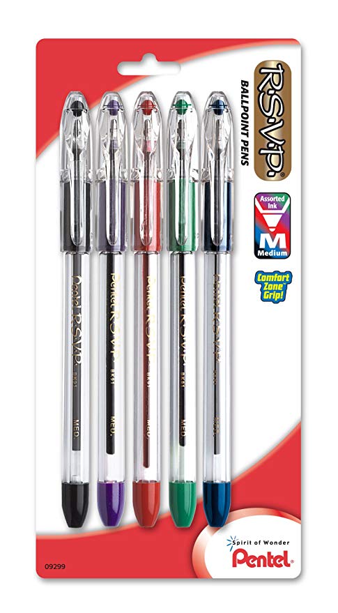 Pentel R.S.V.P. Ballpoint Pen, Medium Line, Assorted Ink, 5 Pack  (BK91BP5M)