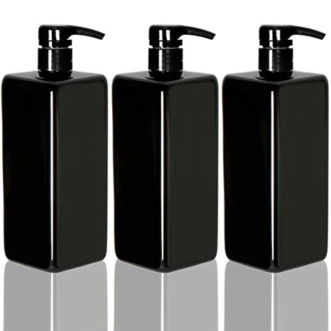 Youngever 3 Pack Pump Bottles for Shampoo 24 Ounce, Empty Shampoo Pump Bottles, Plastic Square with Lockdown-Leak Proof-Pumps (Black)