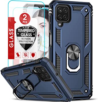 Galaxy A12 Case, Samsung A12 Case with [2 Pack] Tempered Glass Screen Protector, LeYi [Military-Grade] Ring Kickstand Heavy Duty Protective Phone Case Cover for Samsung Galaxy A12 5G, Blue