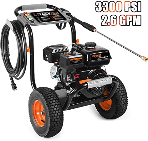 TACKLIFE Gas Pressure Washer 3300 PSI 2.6 GPM 212 CC, with 30 FT High-Pressure Hose, 5 Nozzles and 1 GAL Soap Tank