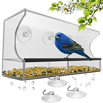 Best Window Bird Feeder with Strong Suction Cups & Seed Tray, Outdoor Birdfeeders for Wild Birds, Finch, Cardinal, Bluebird, Large Outside Hanging Birdhouse Kits, Drain Holes   3 Extra Suction Cups