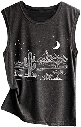 Women Desert Starry Night Shirt Cactus Tank Top Muscle Shirt Tee Tops