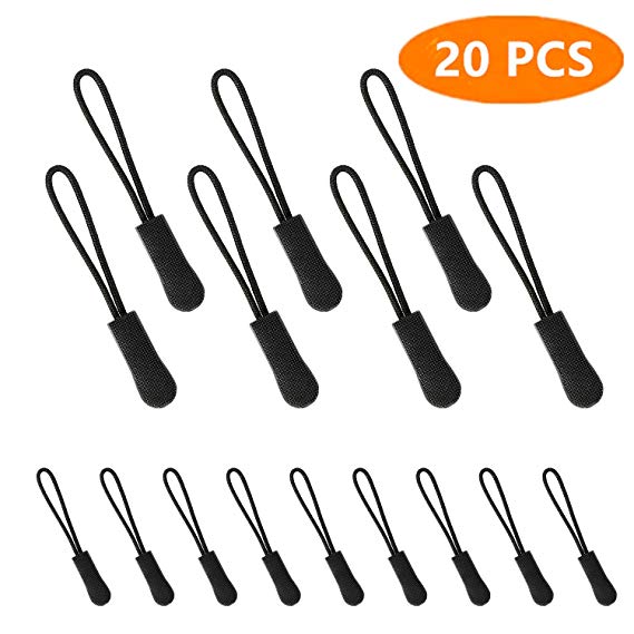 20PCS Zipper Pulls, Hopttreely Black Nylon Cord Zipper Tab Zipper Tags, Durable Zipper Extension Zip Fixer for Jackets, Purses, Belly Bags, Backpacks, Luggage
