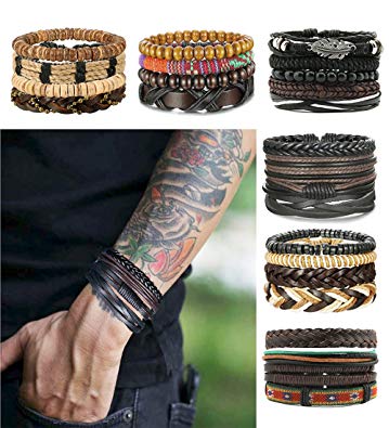 LOLIAS 24 Pcs Woven Leather Bracelet for Men Women Cool Leather Wrist Cuff Bracelets Adjustable