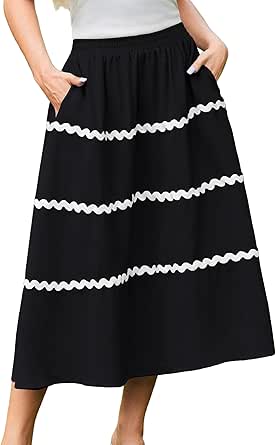 GRACE KARIN High Waisted Skirts for Women Swing RIC Rac Long Summer Skirts Midi Skirt with Pockets