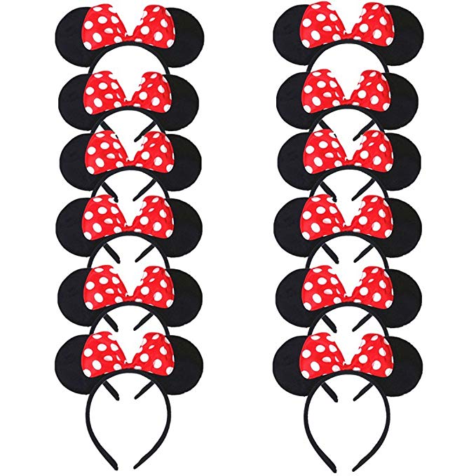 DreamHigh Minnie Mouse Ear and Red Bow Headband for Girls Birthday Costume Party (Set of 12)