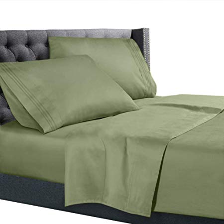 Cal King Size Bed Sheets Set Sage Green, Bedding Sheets Set on Amazon, 4-Piece Bed Set, Deep Pockets Fitted Sheet, 100% Luxury Soft Microfiber, Hypoallergenic, Cool & Breathable