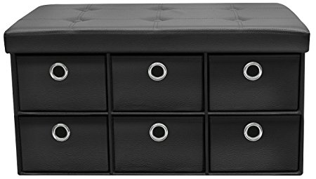 Sorbus Storage Ottoman Bench with Drawers – Collapsible Folding Bench Chest with Cover – Perfect for Entryway, Bedroom, Cubby Drawer Footstool, Contemporary Faux Leather (Black)