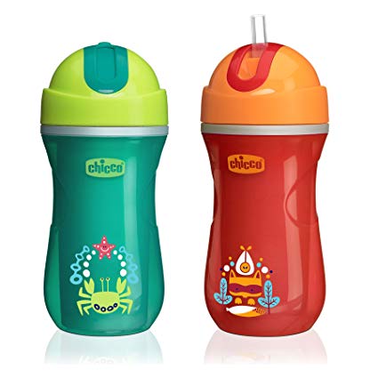 Chicco Insulated Flip-Top Straw Sippy Cup 9oz 12m  (2pk) - Green/Orange