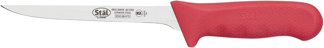 Winco 6" Commercial-Grade German Steel Boning Knife, Narrow, Red