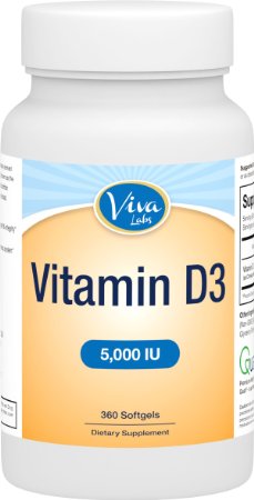 Viva Labs #1 High Potency Vitamin D3 5000 IU in Non-GMO Olive Oil for Enhanced Absorption, 360 Softgels