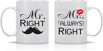 Mr. Right Mrs. Always Right - Wedding Gift for Couple - 11oz Ceramic Mug Set Unique Wedding Gift For Bride and Groom - His and Hers Anniversary Present Husband and Wife - Engagement Gifts by Funnwear