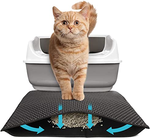 PrimePets Cat Litter Trapping Mat, Kitty Litter Trapper Pad, Honeycomb Double-Layer Cat Mat for Litter Box, Easy Clean, Large Size, Black Litter Catcher Rug, Waterproof, Urine Proof