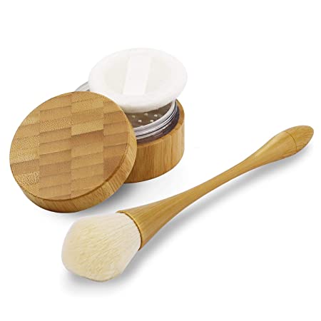 30ml/1Oz. Empty Loose Powder Container with Brush Bamboo Cosmetic Bake Make-up Loose Powder Jar with Sifter Lid and Powder Puff