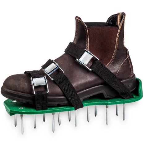 Lawn Aerator Shoes with Metal Buckles and 6 Straps - Heavy Duty Spiked Sandals for Aerating Your Grass or Yard- 2" Long Nails- 2 Extra Spikes Included