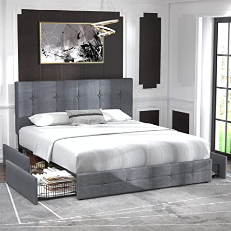 Allewie Queen Platform Bed Frame with 4 Drawers and Headboard/Square Stitched Button Tufted Upholstered Mattress Foundation with Storage, Light Grey