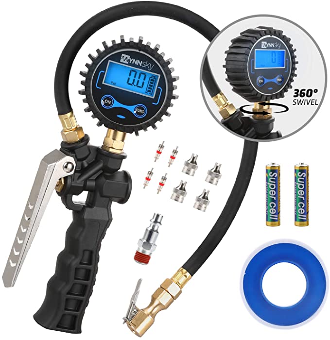 WYNNsky Tire Inflator with Digital Pressure Gauge, 0-200PSI, Brass Lock-On Air Chuck, 23 Inch Compressor Hose, Valve Core and Slotted Slot Valve Cap, Seal Tape