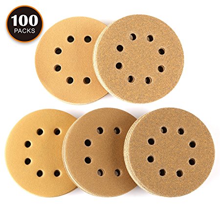 Sander paper, Anti-clogging and Loading - Tacklife 100 PCS 8 Holes Sanding Discs, 5 Inch Hook and Loop, 60 / 80 / 120 / 150 / 220 Grit Sandpaper Assortment for Random Orbital Sander - ASD04C