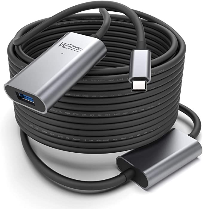 WEme USB C Active Extension Cable 32FT/10M, USB 3.0 Type C Male to Type A Female with Two Signal Repeater for Oculus VR, HTC Vive, Xbox 360, Printers, Webcam with 5V2A Power Adapter, Aluminum