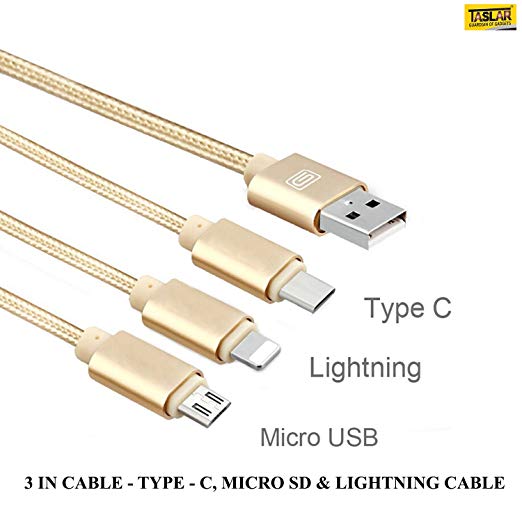 Taslar® Earldom Series Type C Lightning Cable 3 in 1 Multiple USB Charging Cable Adapter Connector - Charge Your Lenovo Vibe K5 Plus, Moto G4 Plus, Coolpad Note 5, Coolpad Cool 1, Honor 6x, Moto G4 Play, Samsung On7 Pro / On5 Pro, Coolpad Mega 3, Coolpad Mega 2.5D, Apple Iphone 5s, Redmi 3S, Redmi Note 3, K5 Note, K4 Note, Iphone 6s Plus, iphone 4/4s, Le 2, and more Three at a Time!- Type c, Micro USB, Lightning - Gold