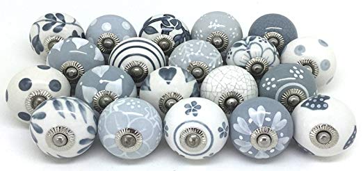 JGARTS 20 Knobs Grey & White Cream Hand Painted Ceramic Knobs Cabinet Drawer Pull Pulls