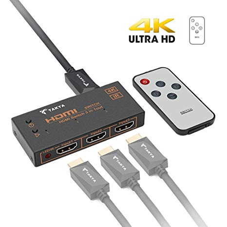 HDMI Switch, Takya 3 Way HDMI Switch, HDMI Switcher Built in IR with Remote, up to Full HD 1080p/Ultra HD 4K (3840 x 2160)/3D Resolution