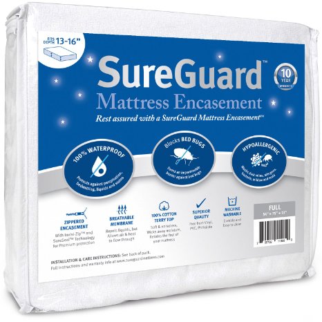 Full (13-16 in. Deep) SureGuard Mattress Encasement - 100% Waterproof, Bed Bug Proof, Hypoallergenic - Premium Zippered Six-Sided Cover - 10 Year Warranty