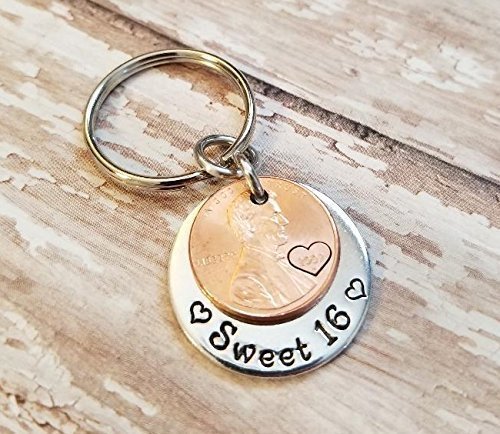 Sweet 16 Happy 16th Birthday Lucky Penny Key Chain with a 2002 Copper Coin