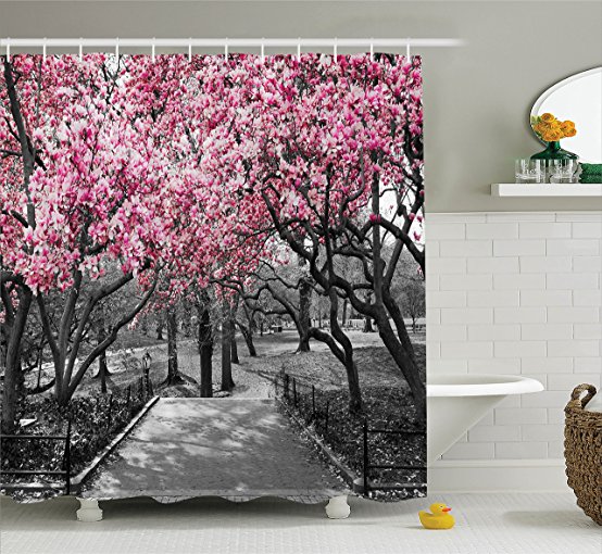 Ambesonne NYC Decor Collection, Blossoms In Central Park Cherry Bloom Trees Forest Spring Springtime Landscape Picture, Polyester Fabric Bathroom Shower Curtain Set with Hooks, Pink Gray