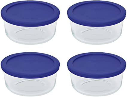 Pyrex Storage 4-Cup Round Dish, Clear with Cadet Blue Plastic Lids, Pack of 4 Containers