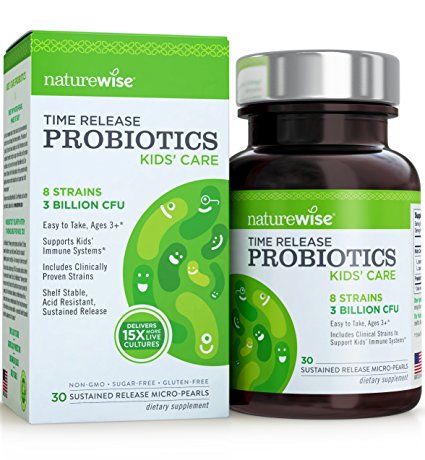 NatureWise Kids’ Care Time-Release Probiotics: Ages 3 , Easy to Swallow Micro-Pearls, Delivers 15x More Live Cultures, 8 Strains for Children’s Immune Support, Shelf Stable, Acid Resistant, 30 Count