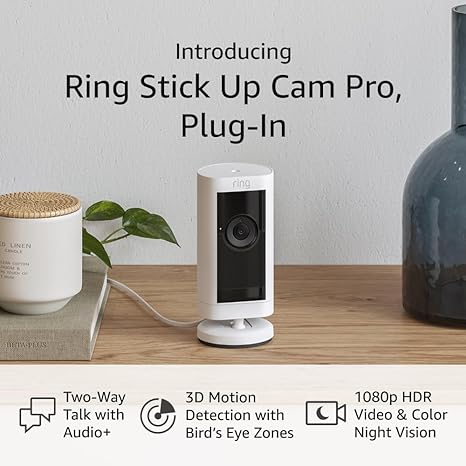 Introducing Ring Stick Up Cam Pro Plug-In | Two-Way Talk with Audio , 3D Motion Detection with Bird’s Eye Zones, and 1080p HDR Video & Color Night Vision (2023 release), White