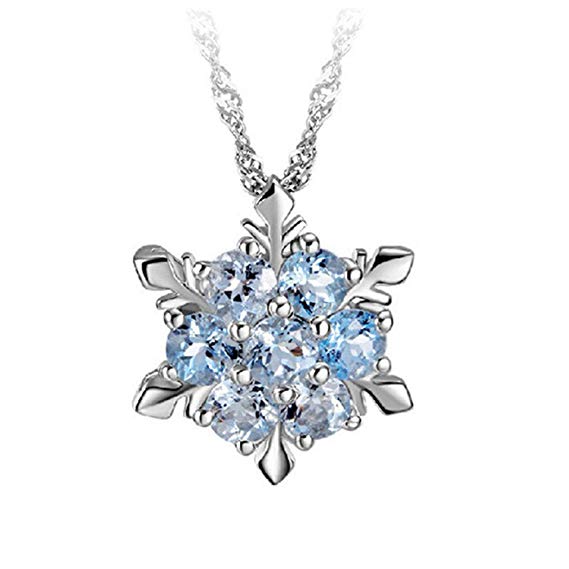 Dolland Women Vintage Blue Crystal Snowflake Zircon Flower Silver Pendants Necklaces Jewelry,Dark Blue