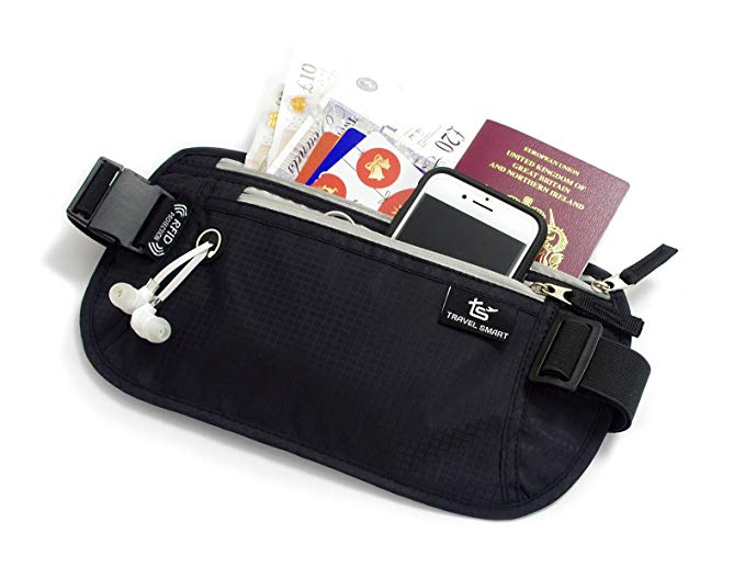 TRAVEL SMART Ultra Slim Money Belt Travelling RFID Blocking Waist Passport Holder (Black)
