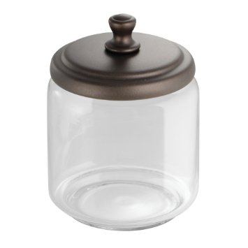InterDesign York Bathroom Vanity Glass Apothecary Jar for Cotton Balls Swabs Cosmetic Pads - Short ClearBronze
