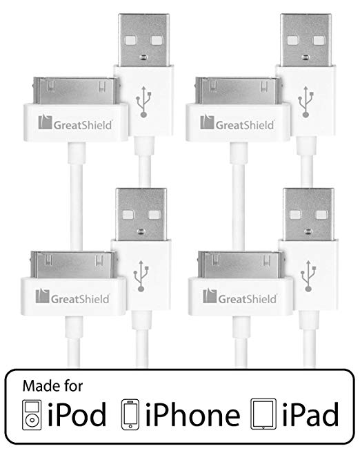 iPhone 4s Cable, GreatShield (3ft/0.9m - 4 Pack) Apple MFI Certified 30-Pin 2-In-1 USB Sync & Charge Data Charging Cable for iPhone 3G/3GS/4/4S, iPad 1/2/3, iPod Touch 1st-4th, iPod Nano 1st-6th Gen