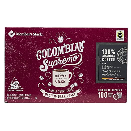 Member's Mark Colombian Supremo Coffee 100 single-serve cups. A1