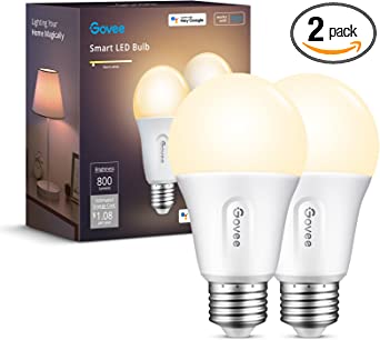 Govee Smart Light Bulbs, Wi-Fi and Bluetooth Light Bulbs, Works with Alexa & Google Assistant, 9W 60W Equivalent Dimmable LED Light Bulbs, 2700K Soft Warm White LED Bulbs, No Hub Required, 2 Pack