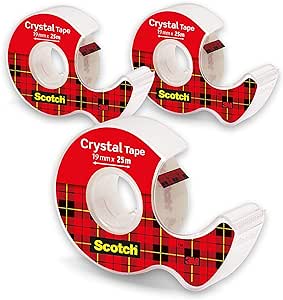 Scotch Crystal Tape 19 mm x25 m - 3 Rolls on Hand-held Dispensers - Provides a Strong and Permanent Bond