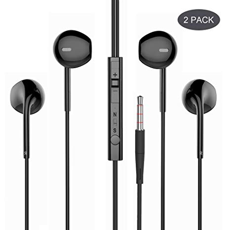 Earbuds, Pwow Wired Earphones in-Ear Headphones with Microphone for Running Workout Gym Black (2 Pack)