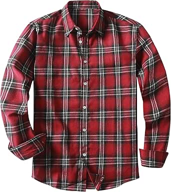 JMIERR Men's Flannel Shirts Casual Long Sleeve Button-Down Plaid Brushed Cotton Shirt