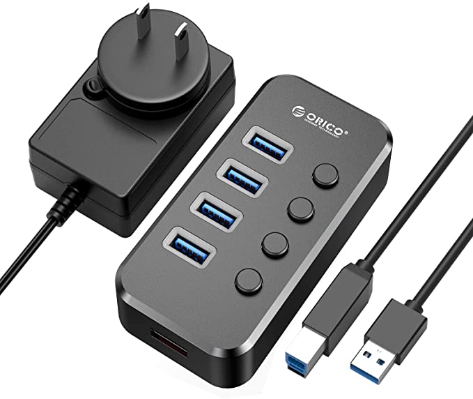 USB Hub 3.0, ORICO 4 Ports USB Data Hub   1 USB Smart Charging Port, 39.37 Inch USB Extension Cable, 12V/2A Power Adapter and Individual On/Off Switches for PC, HDD, PS4 and More