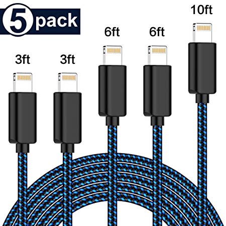 5 Pack [3/3/6/6/10FT] MFi Certified iPhone Charger Lightning Cable Extra Long Nylon Braided USB Charging & Syncing Cord Compatible iPhone Xs/Max/XR/X/8/8Plus/7/7Plus/6S Plus/SE/iPad/Nan More