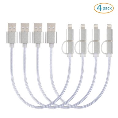 Outtek 4Pack 2in1 1FT Tangle Free Lightning and Micro USB Nylon Braided Charging/Sync Cables for iPhone 6s,6s Plus,6,6 Plus,iPad/iPod and Samsung, HTC, Nexus, Nokia, Sony etc (Silver)
