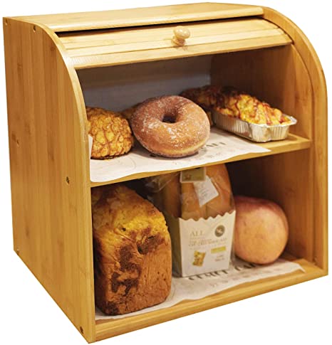 Goodpick Bamboo Bread Box - 2 Layer Large Capacity Bread Box - Countertop Bread Storage Bin - Rolltop Breadbox - Bread Boxes for Kitchen Counter Large Capacity Bread Keeper, 14.2“ x 14.2" x 9.8"