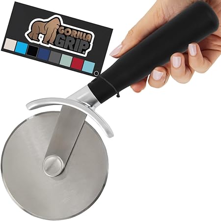 Gorilla Grip Large Pizza Cutter Wheel, 9 Inch, Sharp Stainless Steel Blade, Rust Resistant, Comfort Handle, Thumb Guard Protection, Slice Thick or Thin Pizzas, Pie Crust, Pastries in Seconds, Black