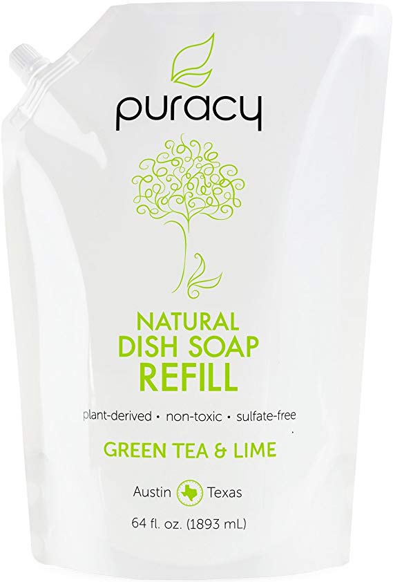 Puracy Natural Liquid Dish Soap Refill, Sulfate-Free Dishwashing Detergent, Green Tea & Lime, 1893 mL